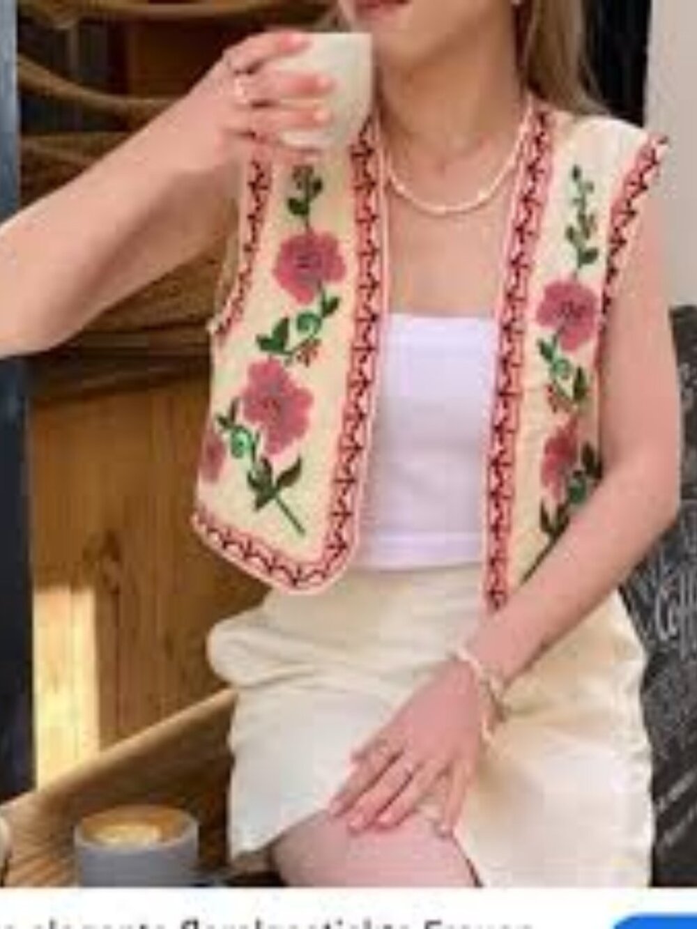 Zara Cream Embroidered Floral Vest with Pink Roses